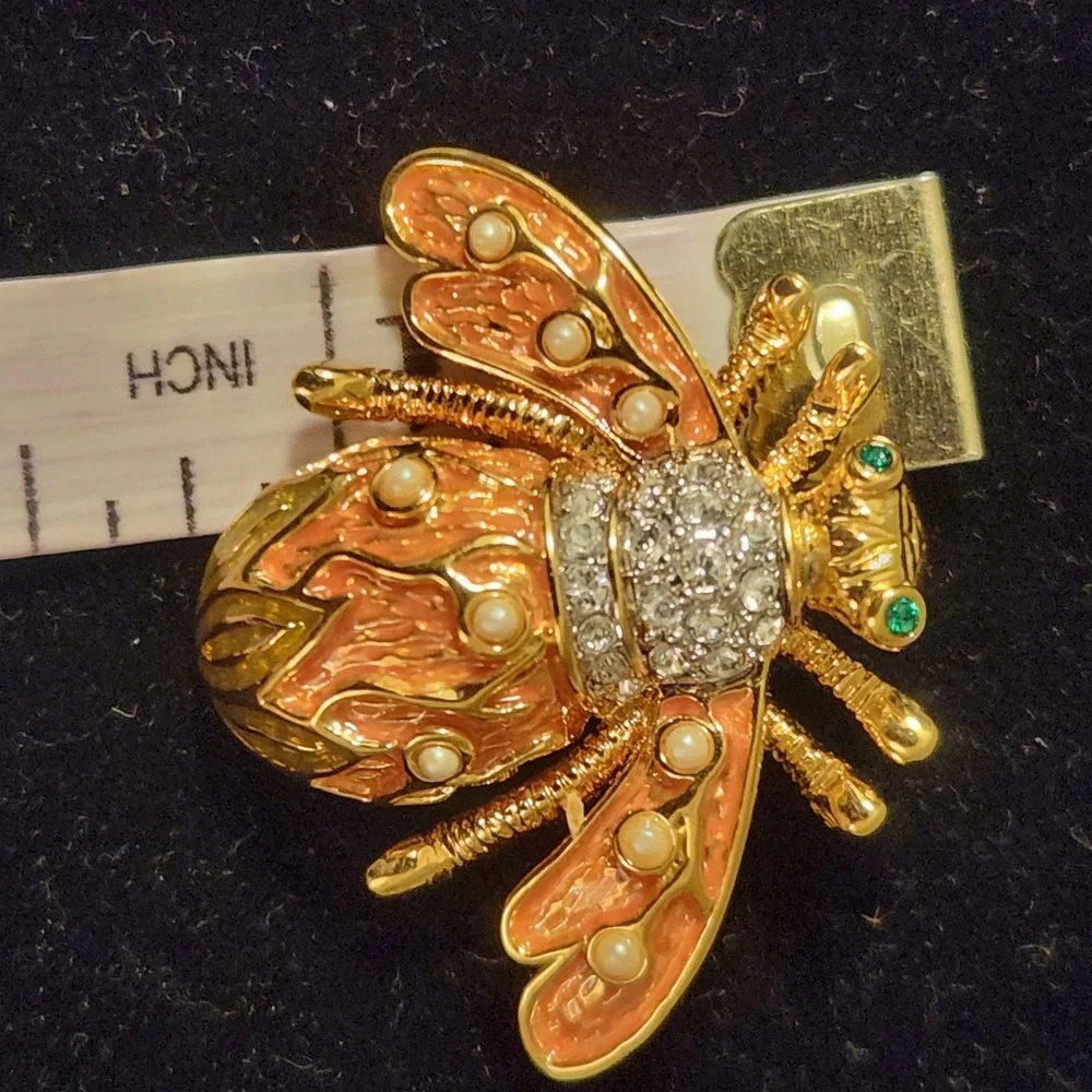 Joan Rivers Bee Brooch Rhinestone‎ Pearl Enamel Green Eye Statement Jewelry